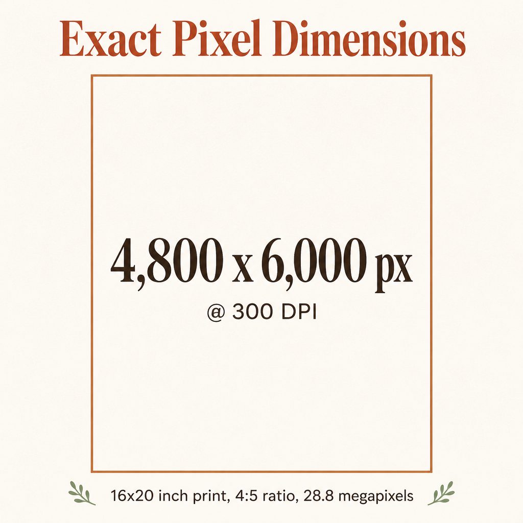 Diagram showing a 16x20 inch wall art print at 4,800 x 6,000 pixels, 4:5 ratio, 28.8 megapixels at 300 DPI
