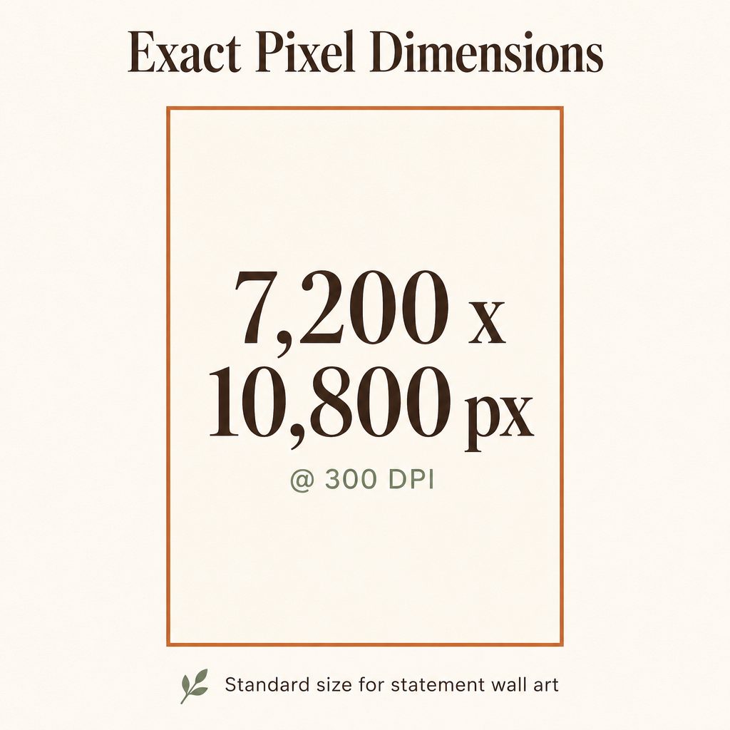 Diagram showing a 24x36 inch poster requires exactly 7,200 by 10,800 pixels at 300 DPI