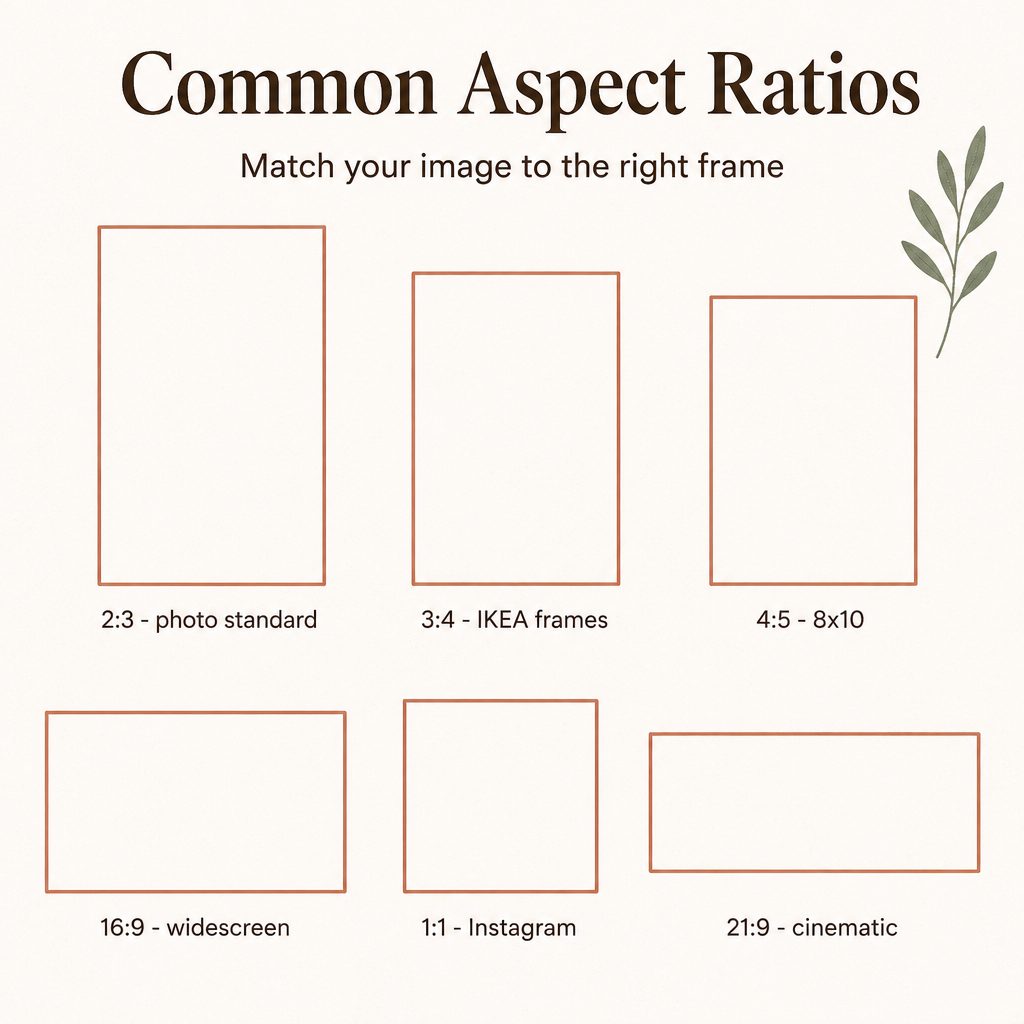 Six labeled rectangles showing common aspect ratios: 2:3 photo, 3:4 IKEA, 4:5 8x10, 16:9 widescreen, 1:1 Instagram, 21:9 cinematic