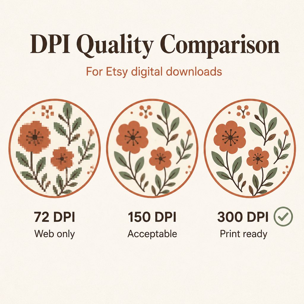 Comparison diagram showing image quality at 72 DPI (web only, pixelated), 150 DPI (acceptable), and 300 DPI (print ready, sharp)