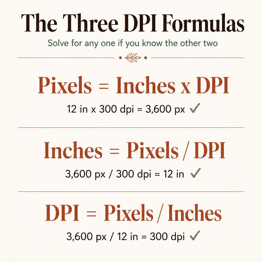 Diagram showing the three DPI formulas: Pixels = Inches x DPI, Inches = Pixels / DPI, DPI = Pixels / Inches