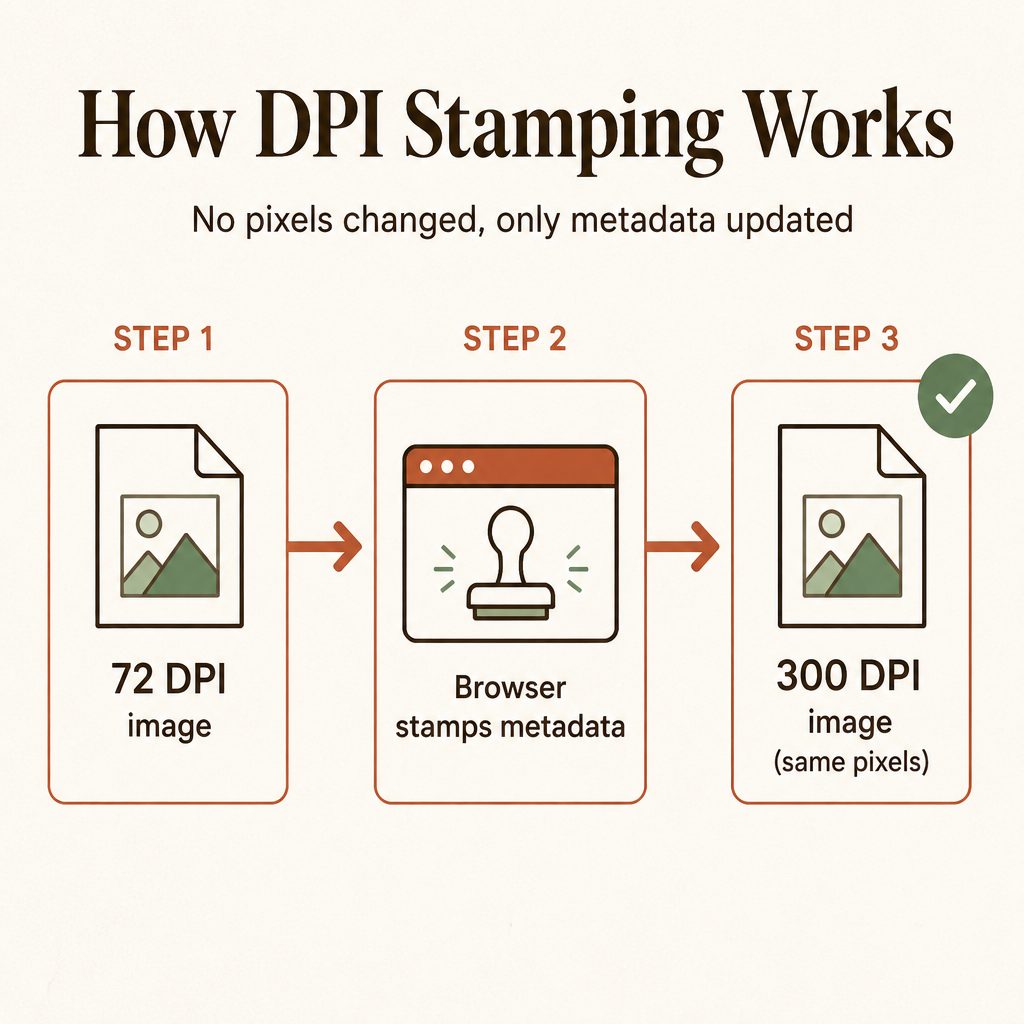 Diagram showing the three-step process: 72 DPI image, browser stamps metadata, 300 DPI image with the same pixels