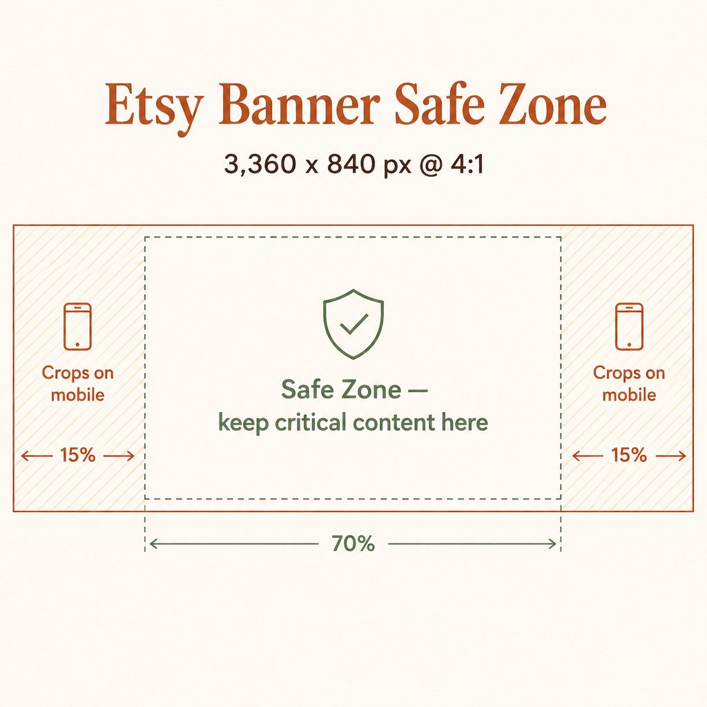 Diagram showing the Etsy banner safe zone — keep critical content in the middle 70% of the 3,360 x 840 pixel canvas; outer 15% may be cropped on mobile