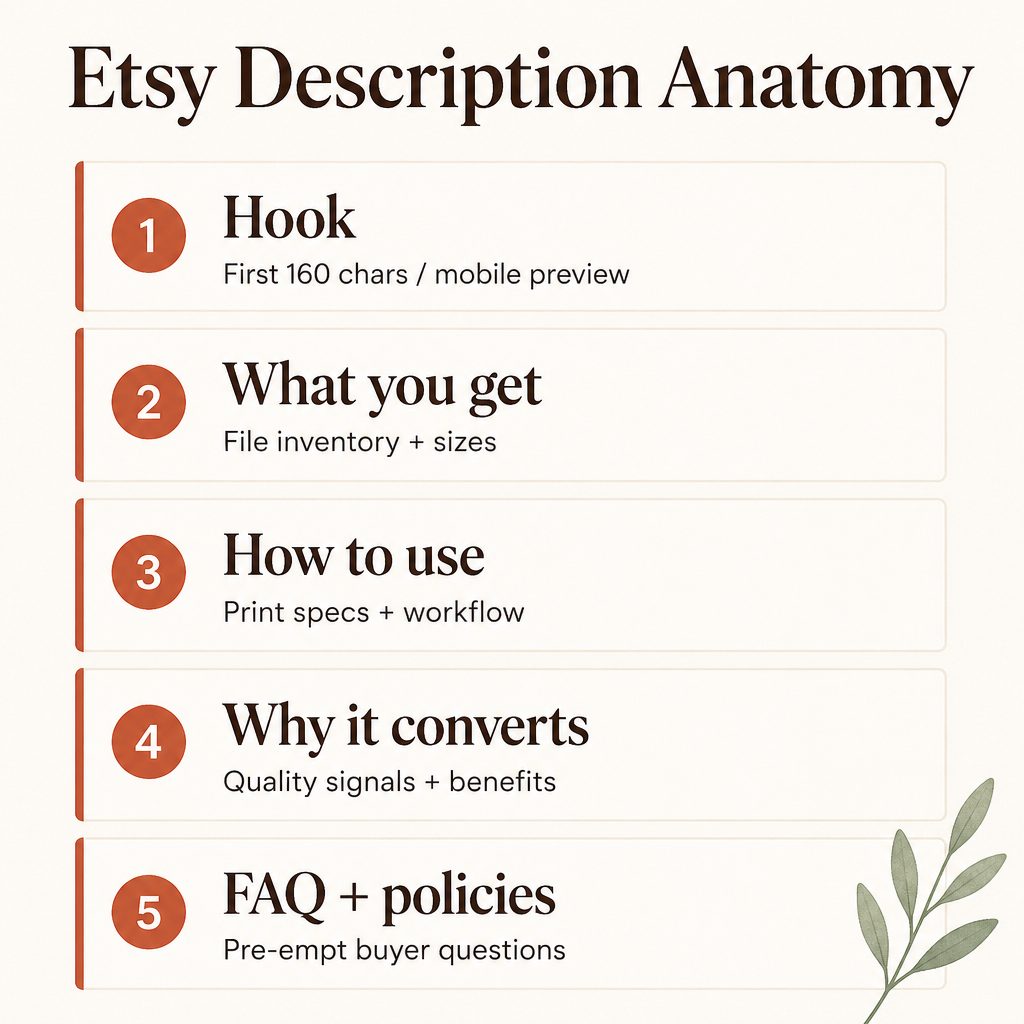 Vertical stack of 5 boxes showing Etsy description structure: Hook (mobile preview), What you get (file inventory), How to use (print specs), Why it converts (quality signals), FAQ + policies