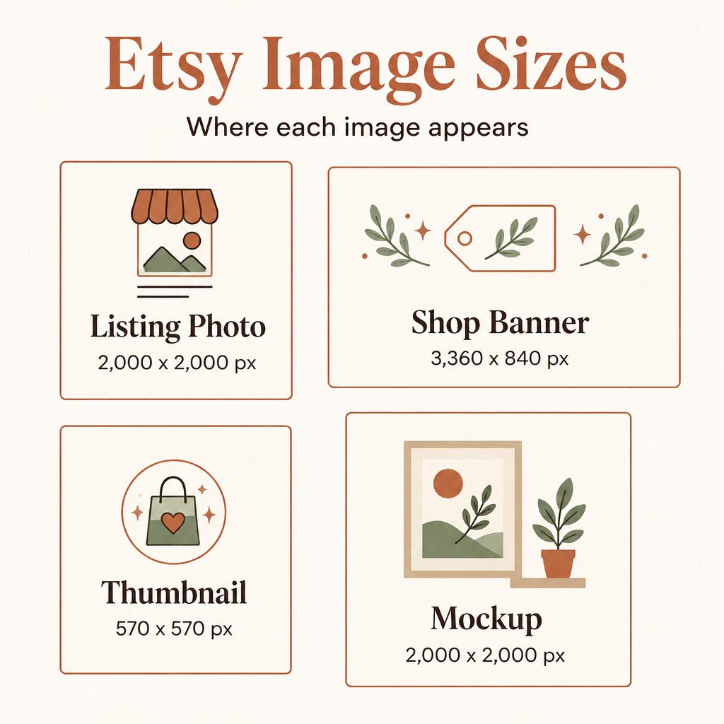 Diagram of the four Etsy image positions: listing photo (2000x2000), shop banner (3360x840), thumbnail (570x570), and mockup (2000x2000)