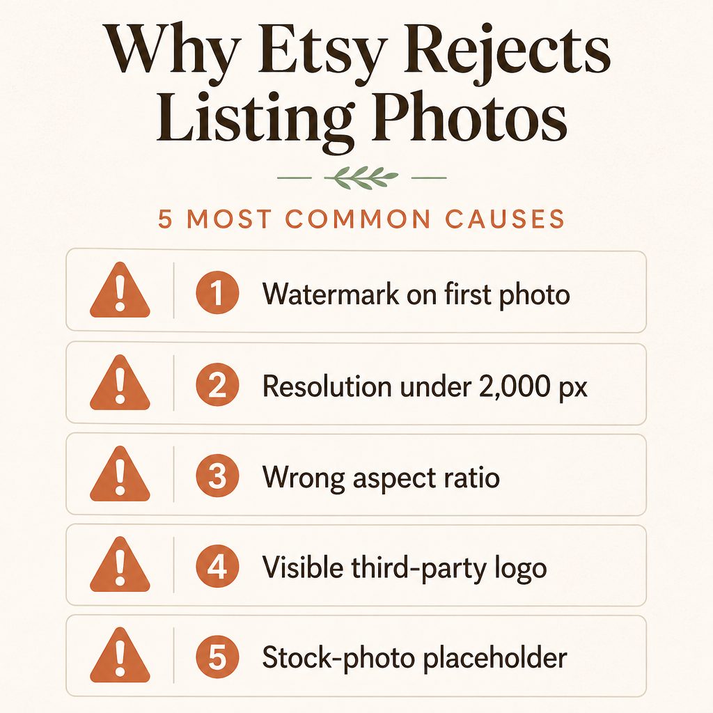 Diagram showing the 5 reasons Etsy rejects listing photos: watermark on first photo, low resolution, wrong aspect ratio, third-party logo, stock placeholder