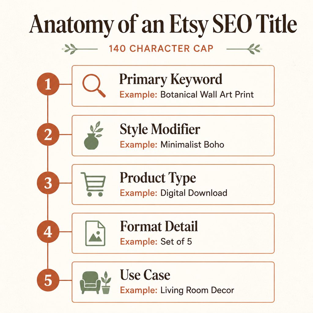 Diagram showing the 5-component anatomy of an Etsy SEO title: primary keyword, style modifier, product type, format detail, use case