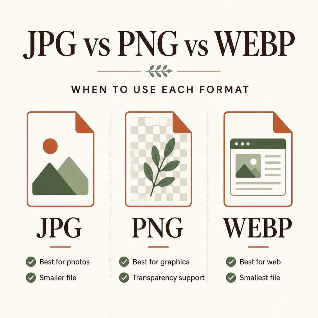 Comparison of JPG, PNG, and WebP showing JPG is best for photos with smaller file size, PNG is best for graphics with transparency, WebP is best for web with smallest file size