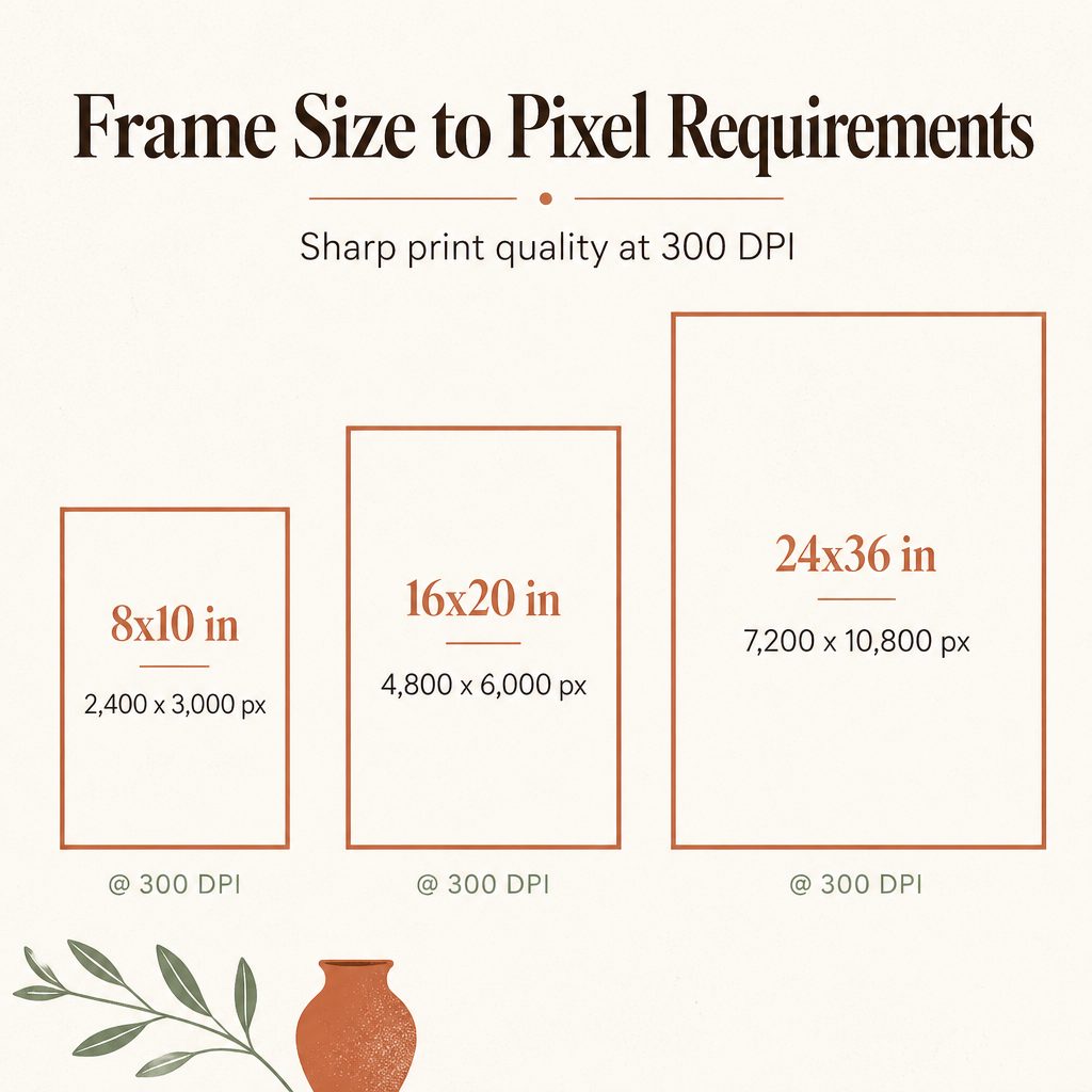 Three frame sizes shown with their pixel requirements at 300 DPI: 8x10 needs 2400x3000, 16x20 needs 4800x6000, 24x36 needs 7200x10800