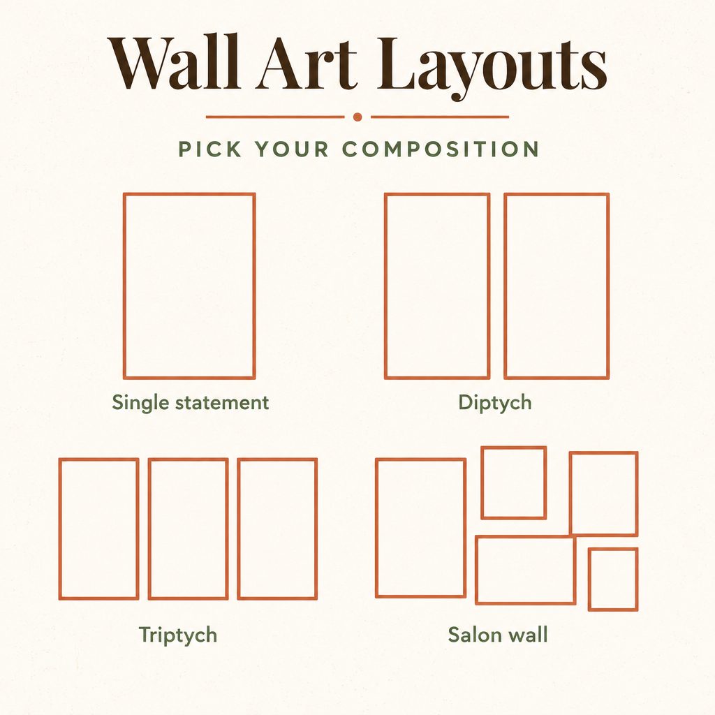 Four wall art layout illustrations: single statement, diptych, triptych, and salon wall