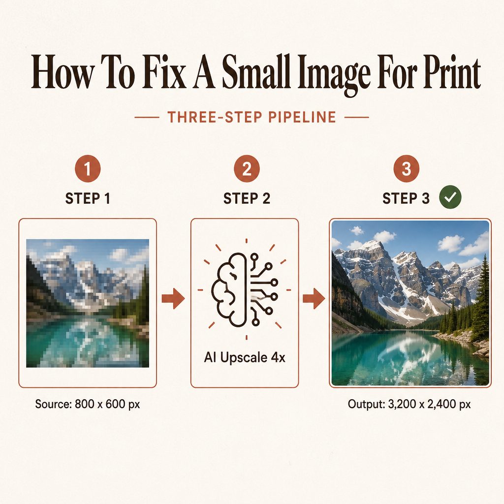 Three-step diagram showing how to fix a small image for printing: source 800x600 px, AI upscale 4x, output 3,200x2,400 px sharp