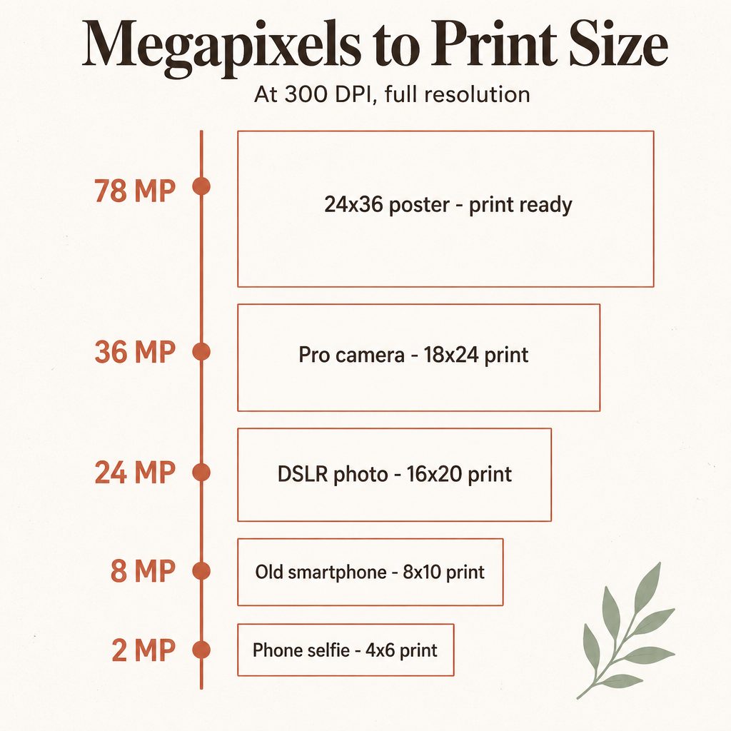 Vertical scale showing how camera megapixels map to maximum print size at 300 DPI from 2 MP (4x6 print) to 78 MP (24x36 poster)