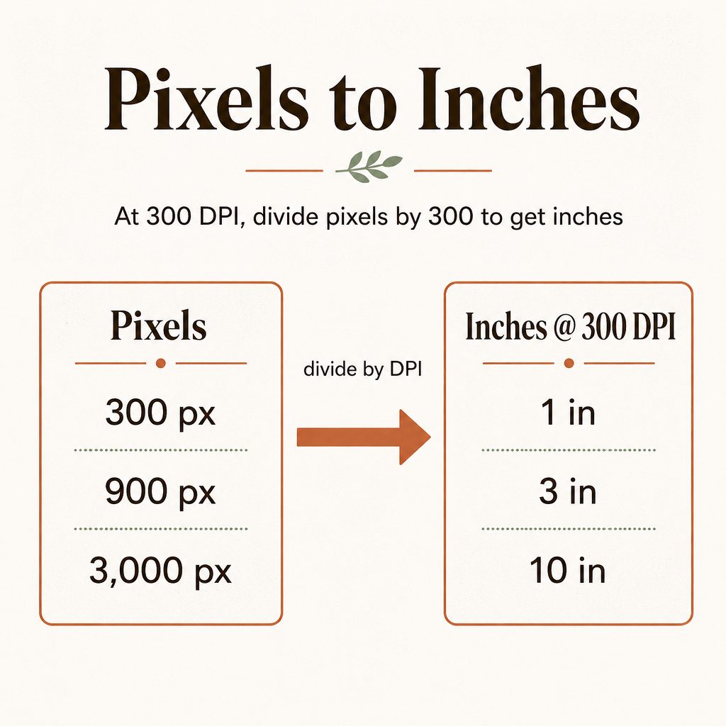 Diagram showing pixels to inches conversion at 300 DPI: 300 pixels = 1 inch, 900 = 3 inches, 3000 = 10 inches