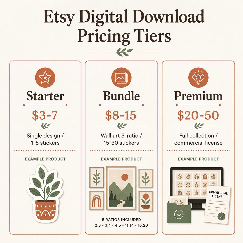 Diagram showing the 3 Etsy digital download pricing tiers: Starter $3-7 for single design, Bundle $8-15 for multi-design pack, Premium $20-50 for full collection or commercial license