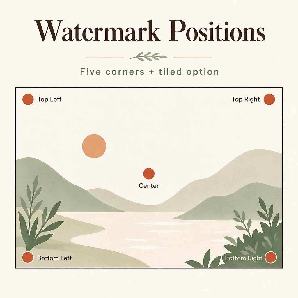 Diagram showing six watermark positions: top-left, top-right, center, bottom-left, bottom-right, and tiled