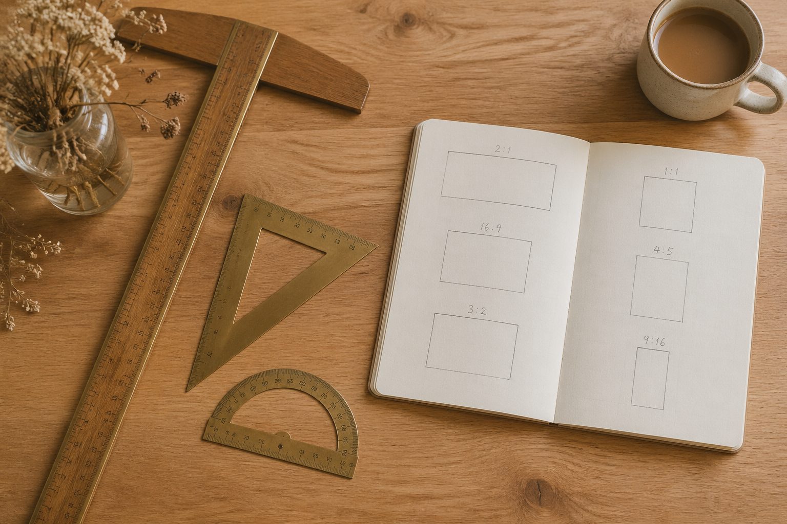 A T-square ruler, brass triangle, and protractor on a wooden desk with handwritten rectangle sketches in a notebook showing different aspect ratios