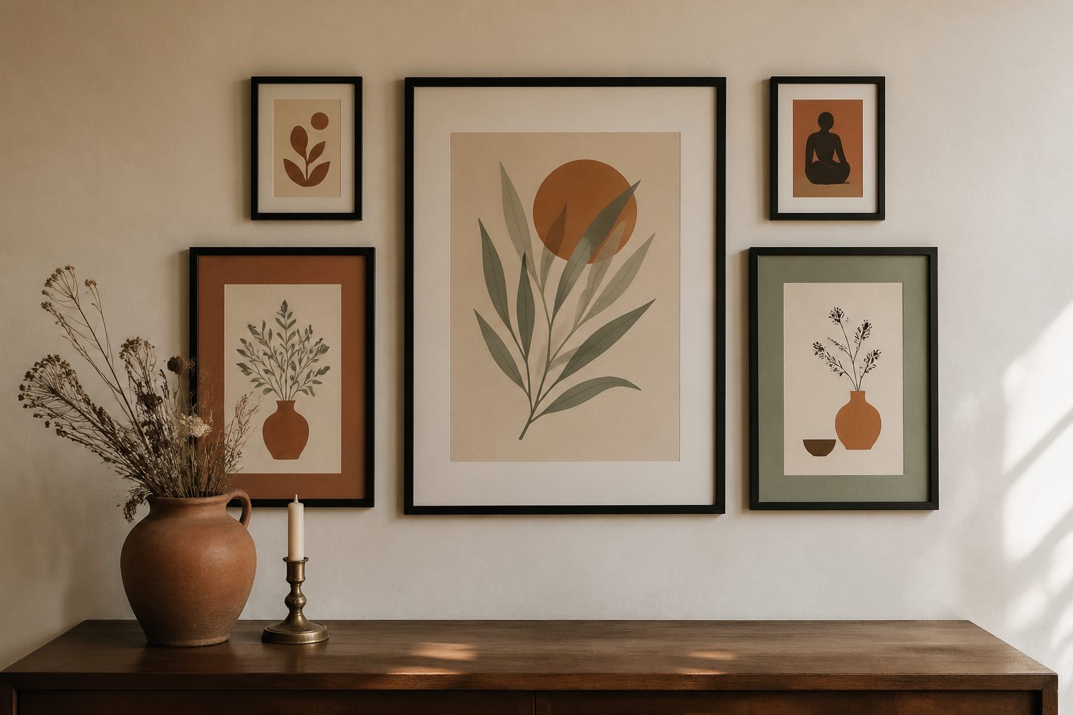 An eye-level view of a styled gallery wall arrangement above a wooden console table — five matte black framed prints in different sizes on a warm cream textured wall
