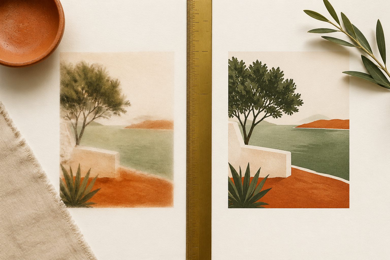 A creative studio workspace with prints, a laptop, and color swatches, illustrating the workflow of preparing print-ready files