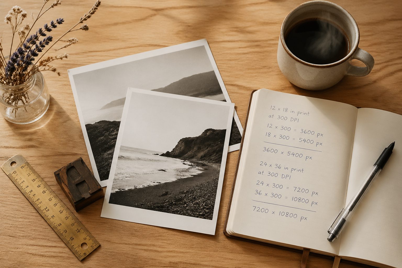 A vintage brass ruler, a wooden printer block, two stacked photographs, and a notebook with handwritten DPI calculations on a wooden desk