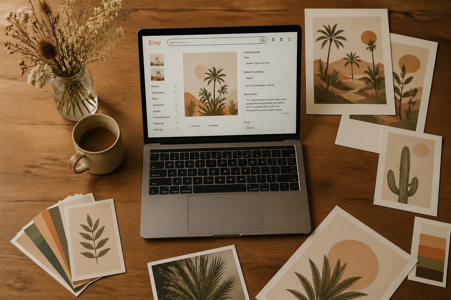 A laptop showing an Etsy listing in progress with printed wall art samples and color swatches around it on a wooden desk