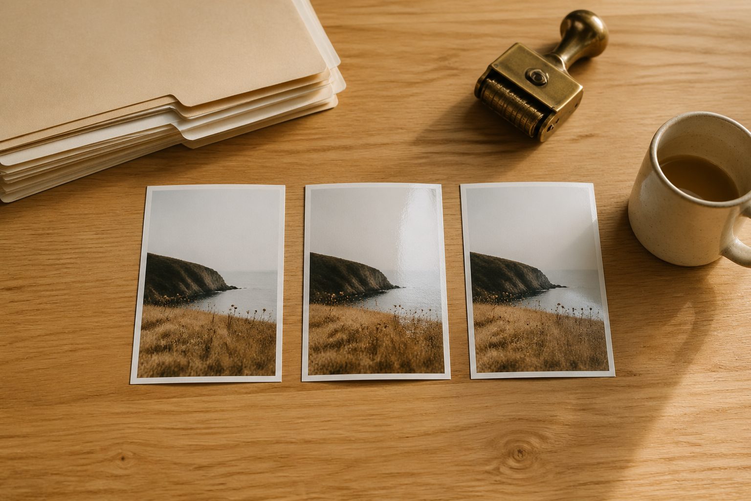 Three small printed photos showing the same image in slightly different finishes (matte, glossy, satin) on a wooden desk with file folders