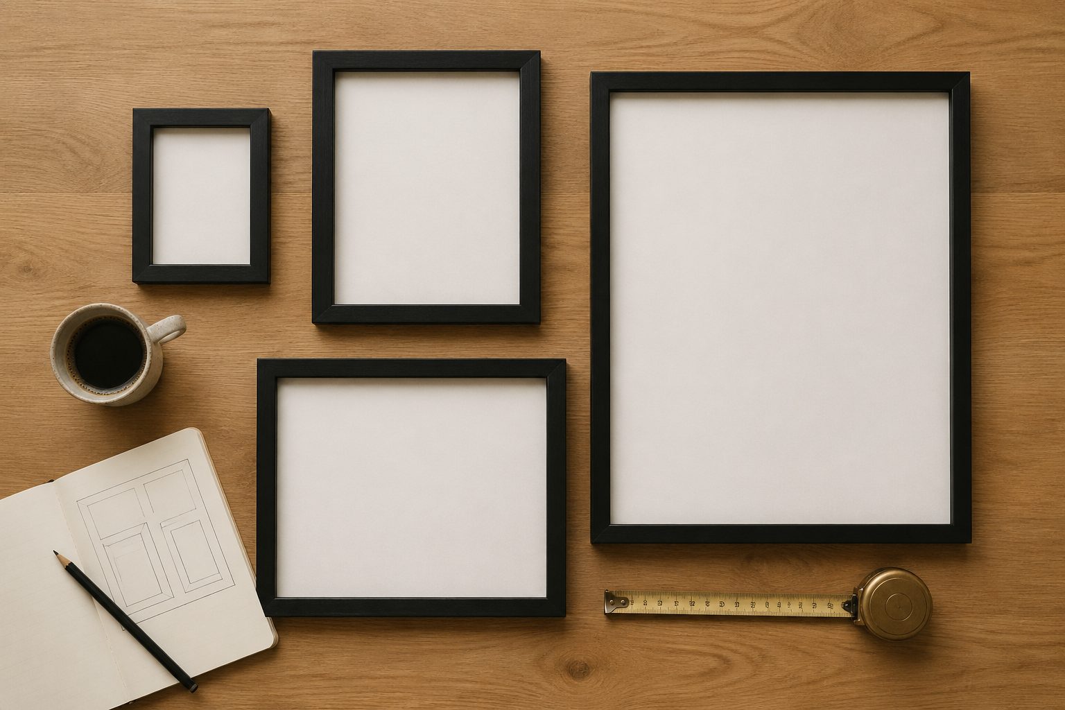An overhead arrangement of empty matte black picture frames in different sizes on a wooden desk with a brass measuring tape