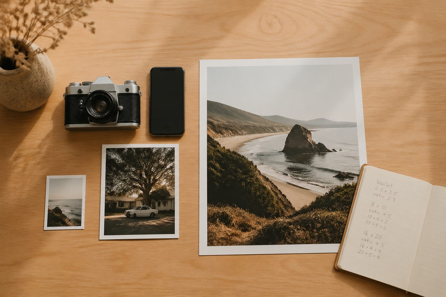 A vintage film camera and a modern smartphone side by side on a wooden desk with three printed photographs of varying sizes