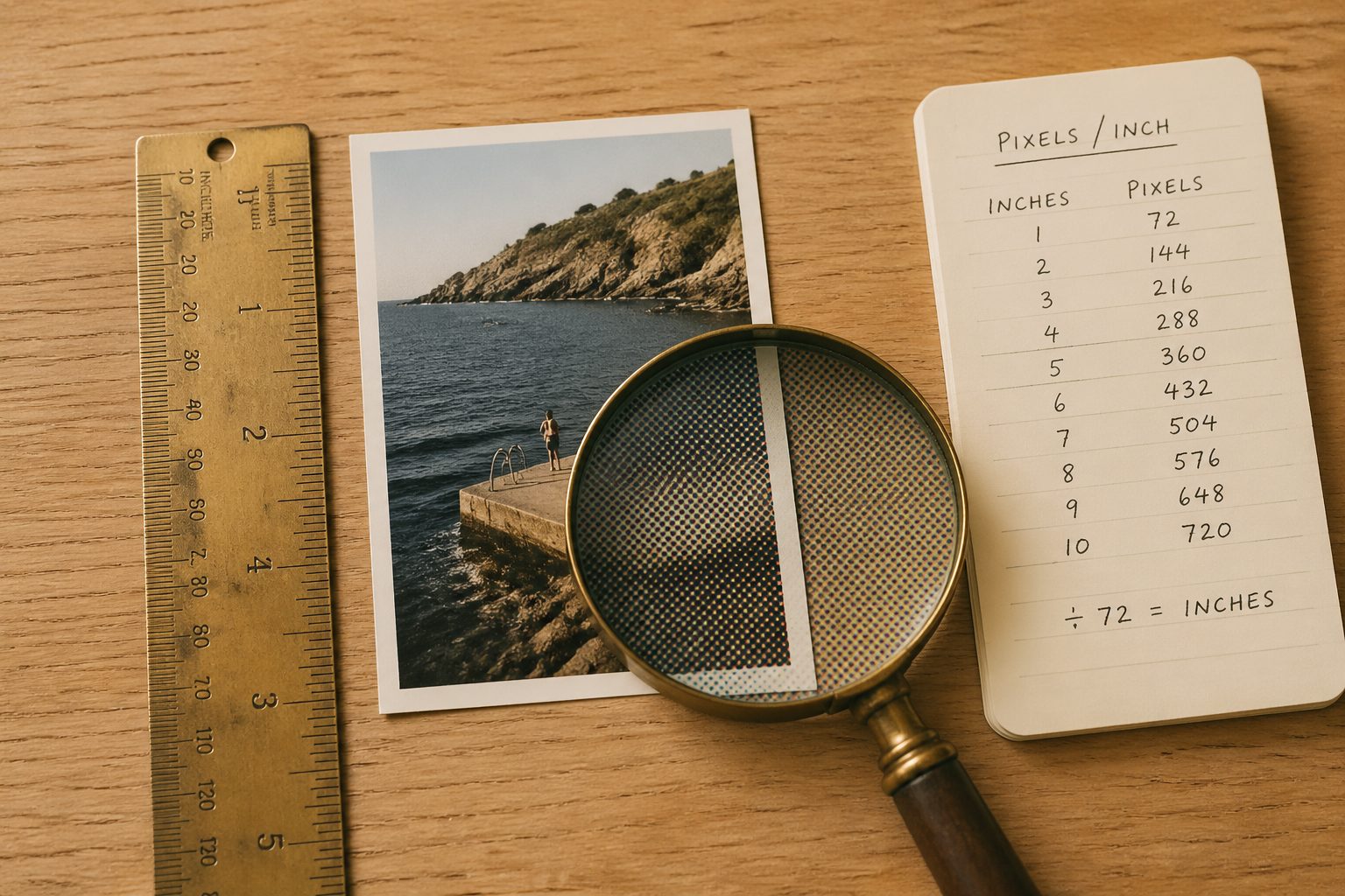 A vintage brass ruler and a small printed photograph side by side on a wooden desk with a magnifying glass and a handwritten conversion chart