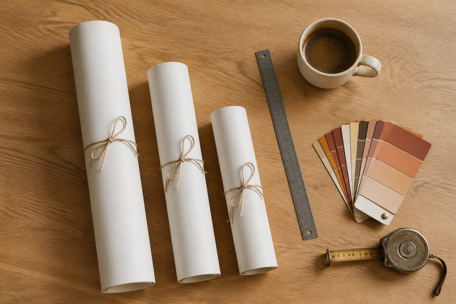 Three rolled-up posters in different sizes (24x36, 18x24, 16x20 inches) tied with twine on a warm wooden desk, with a metal ruler and color swatches