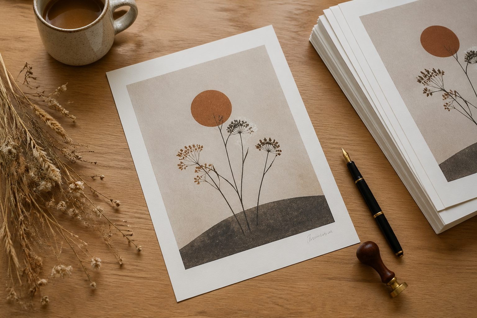 A printed wall art piece with a subtle handwritten signature in the corner, next to a fountain pen and a stack of unsigned prints on a wooden desk