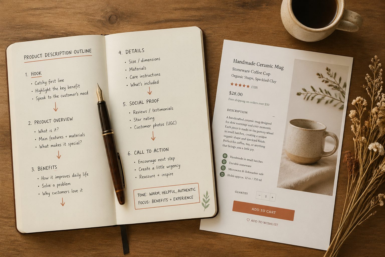 How to write Etsy product descriptions that convert by using a clear 5-part structure: hook, product details, usage instructions, benefits, and FAQ. Optimize for SEO with keywords but avoid stuffing, ensuring descriptions fit within Etsy’s 3000-character limit for maximum impact.