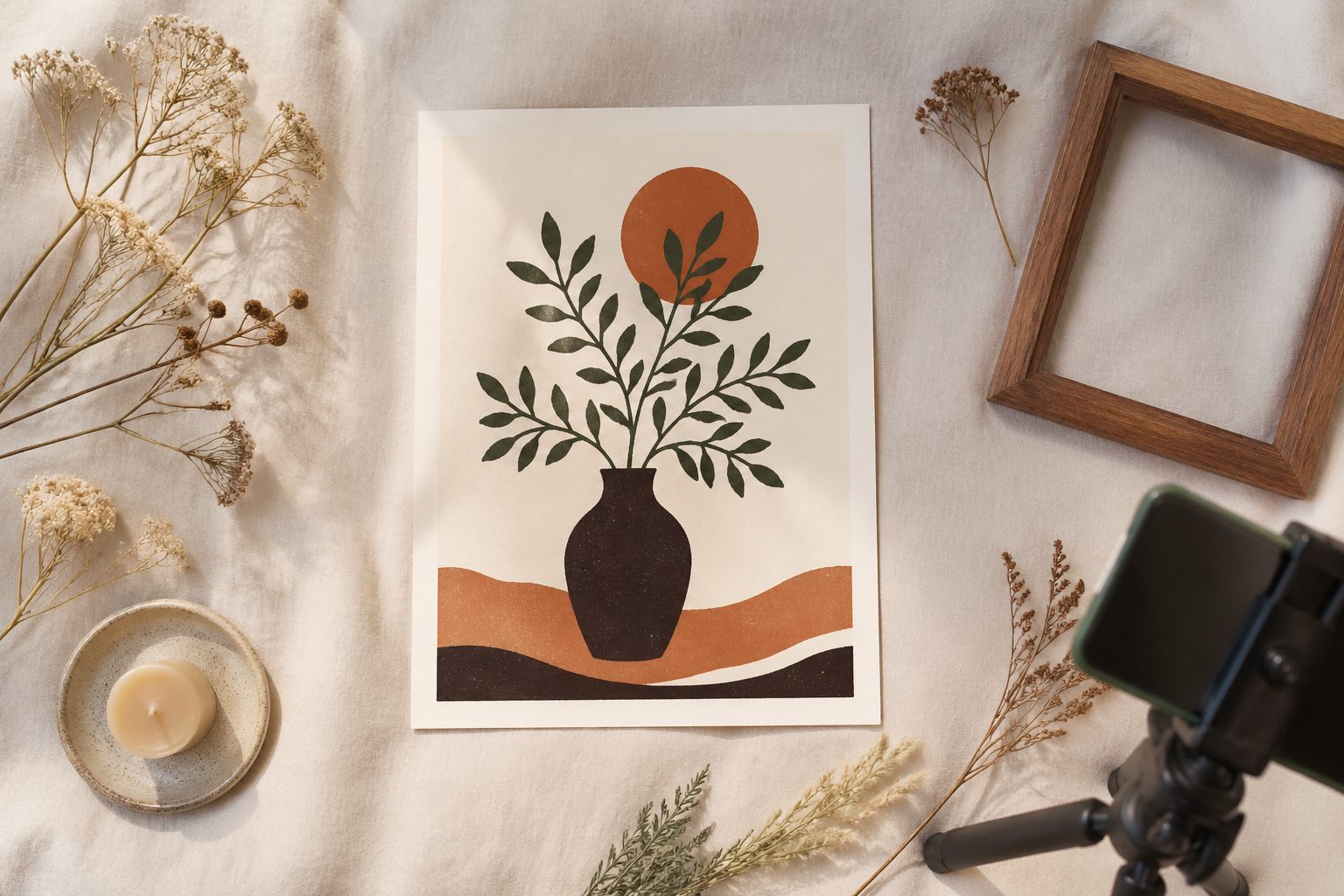 How to take product mockup photos at home using a smartphone camera with natural window light, $40 in simple props, and four essential shot types for Etsy listings at 300 DPI resolution. Learn when to shoot your own photos versus using templated PSD mockups to optimize your print-on-demand store.