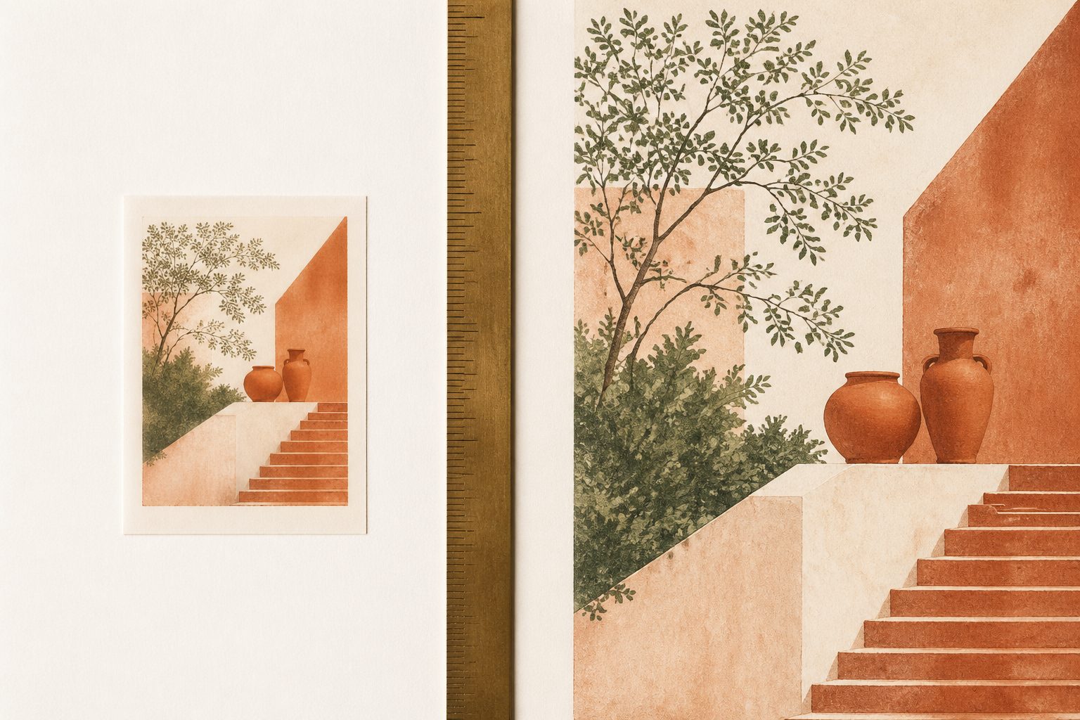 The complete guide to enlarging images for print-on-demand: pixel math, bicubic vs AI upscaling, chained upscale factors, and when it works (and when it does not).