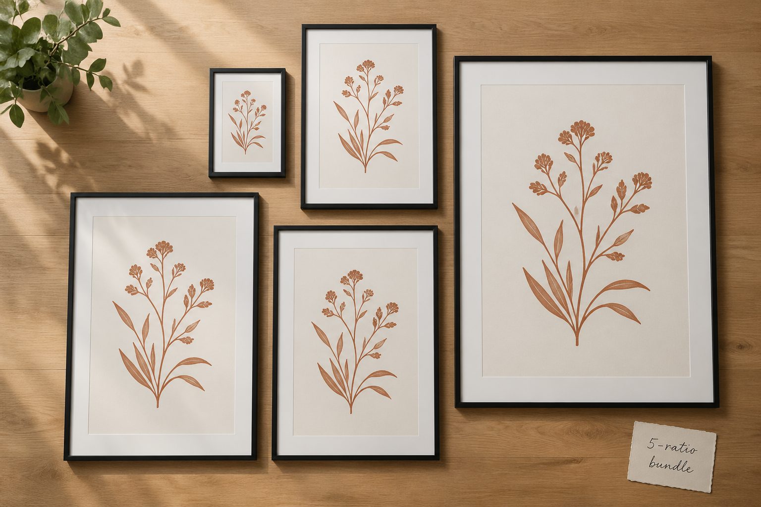 Flat-lay of one botanical wall art design printed in five framed sizes: 8x10, 12x16, 16x20, 18x24, and 24x36 inches, arranged on a wooden tabletop