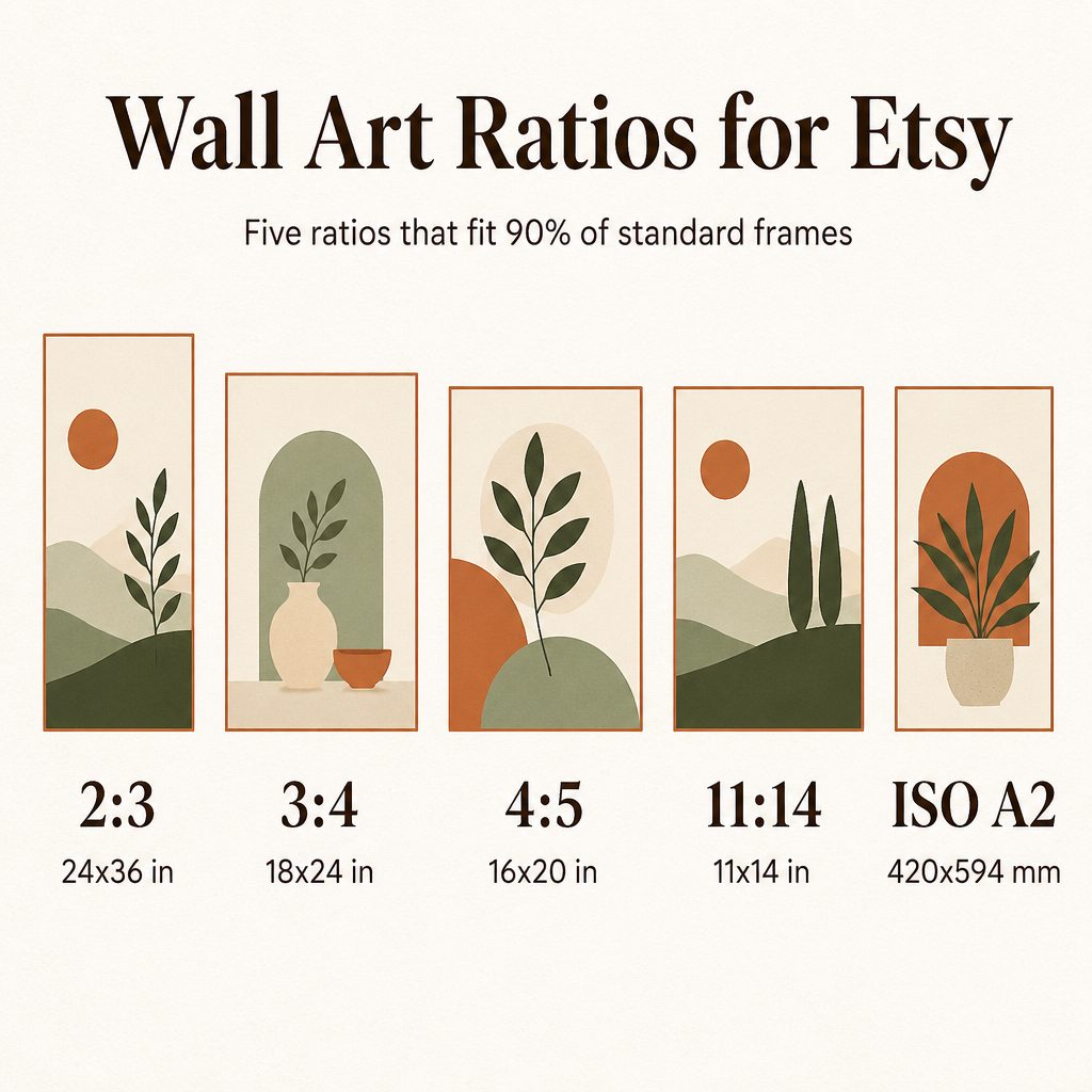 Comparison diagram of the five most popular wall art aspect ratios for Etsy: 2:3 (24x36 in), 3:4 (18x24 in), 4:5 (16x20 in), 11:14 (11x14 in), and ISO A2 (420x594 mm)