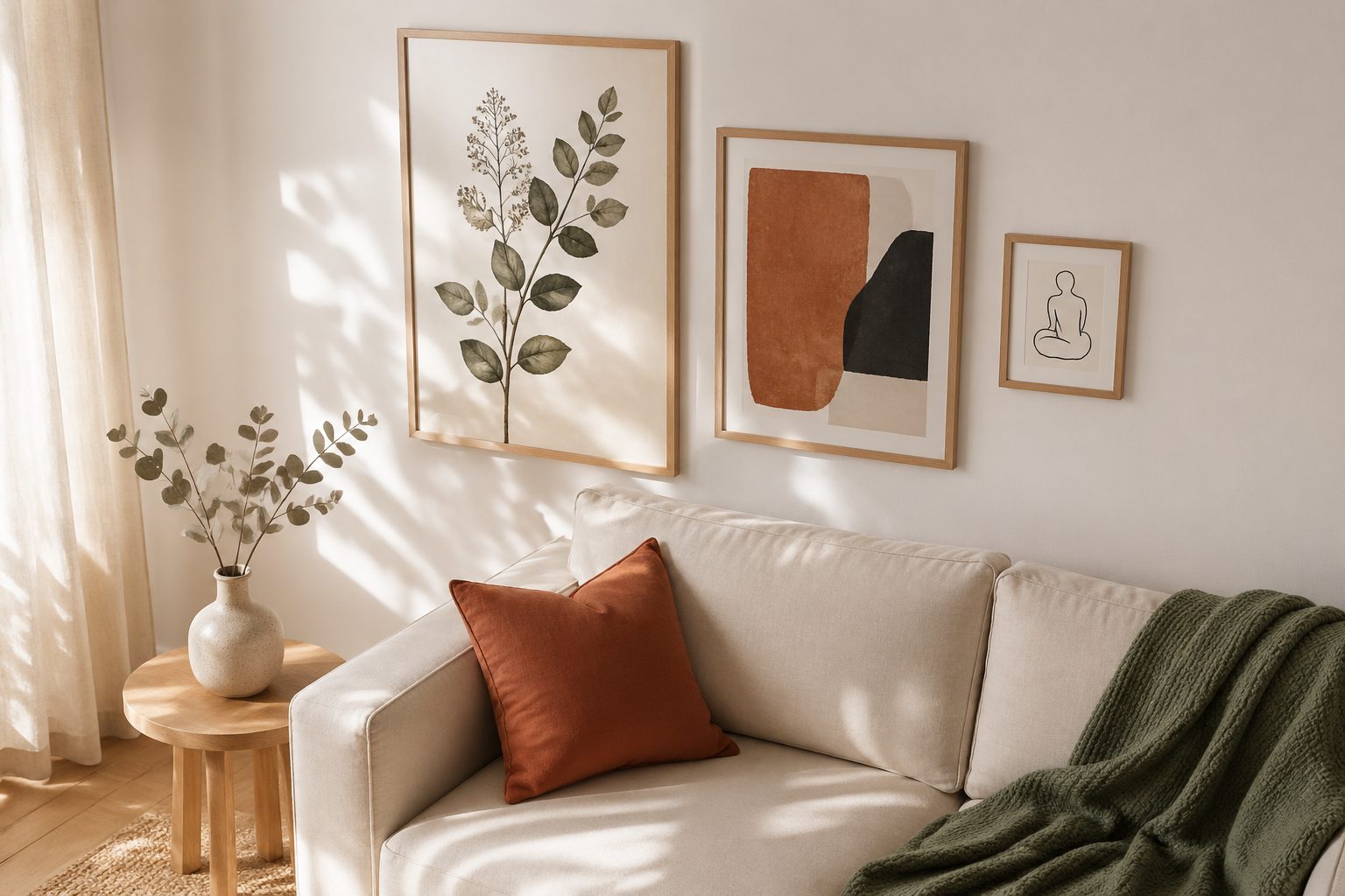 Styled living room with three Etsy wall art prints framed in oak: a 24x36 botanical, a 16x20 abstract, and an 8x10 line drawing arranged above a linen sofa