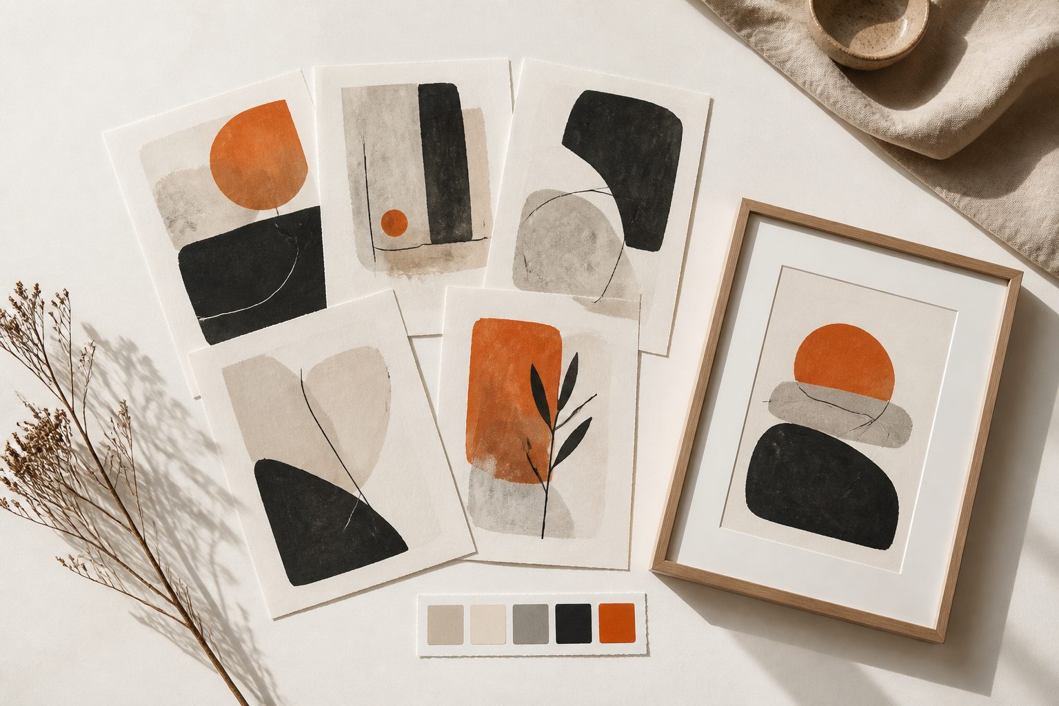 Upload one design or a whole set. Ratio Ready returns styled lifestyle mockups for your gallery, a 15-second preview video, print-ready deliverables at 300 DPI, and a customer PDF — in minutes.
