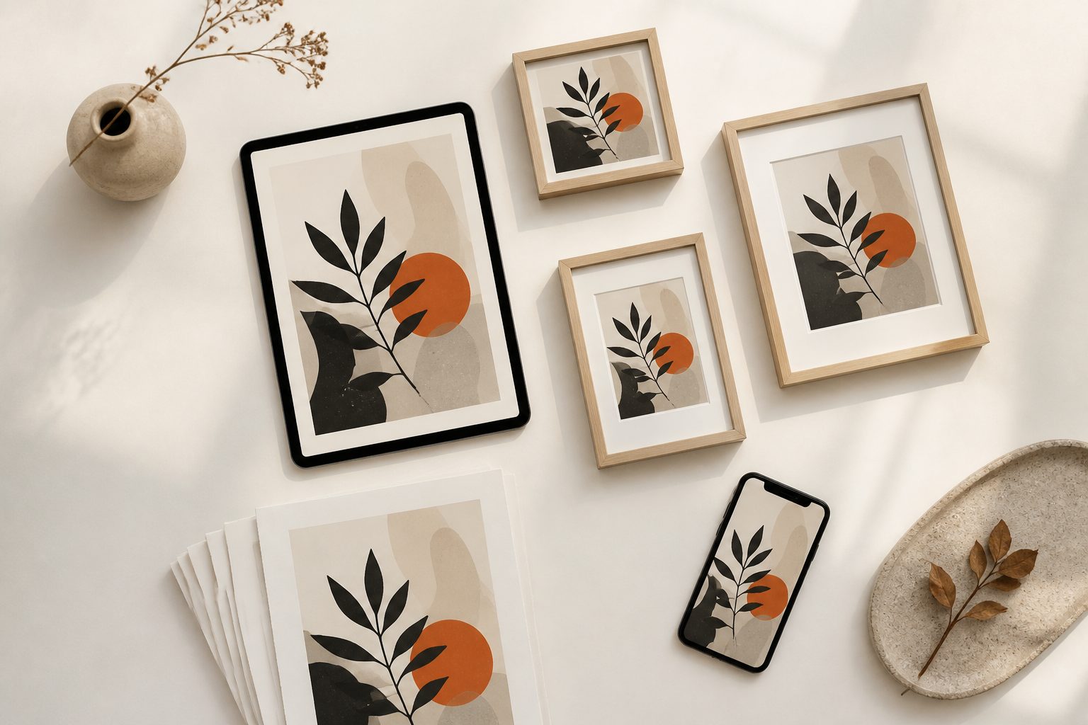 Upload one design. Ratio Ready returns print-ready files at 300 DPI, lifestyle mockups, a 15-second listing video, ready-to-paste copy, and a customer PDF — saved to your Drive in minutes. The finished files paste into Etsy, Shopify, Gumroad, Creative Market, Payhip, or your own store.