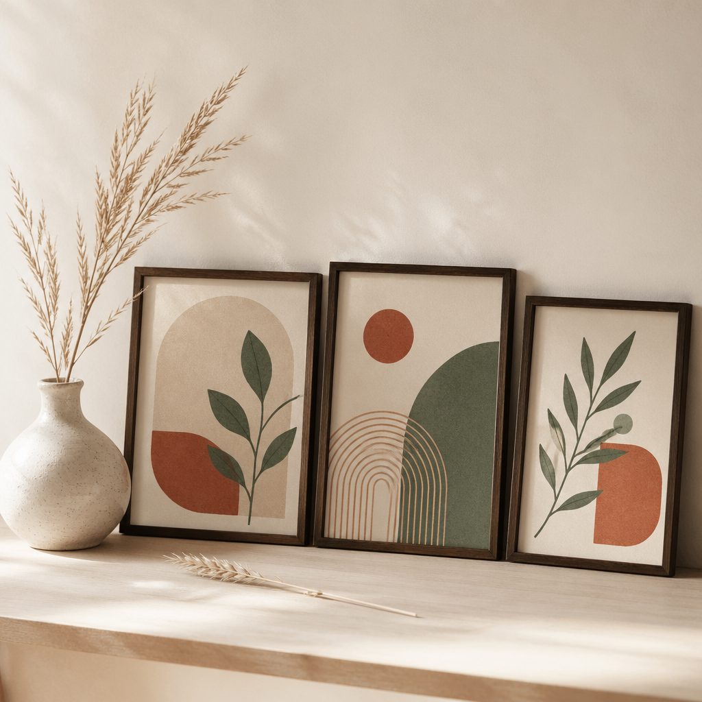 Demo video placeholder — small framed art prints on a warm wooden shelf