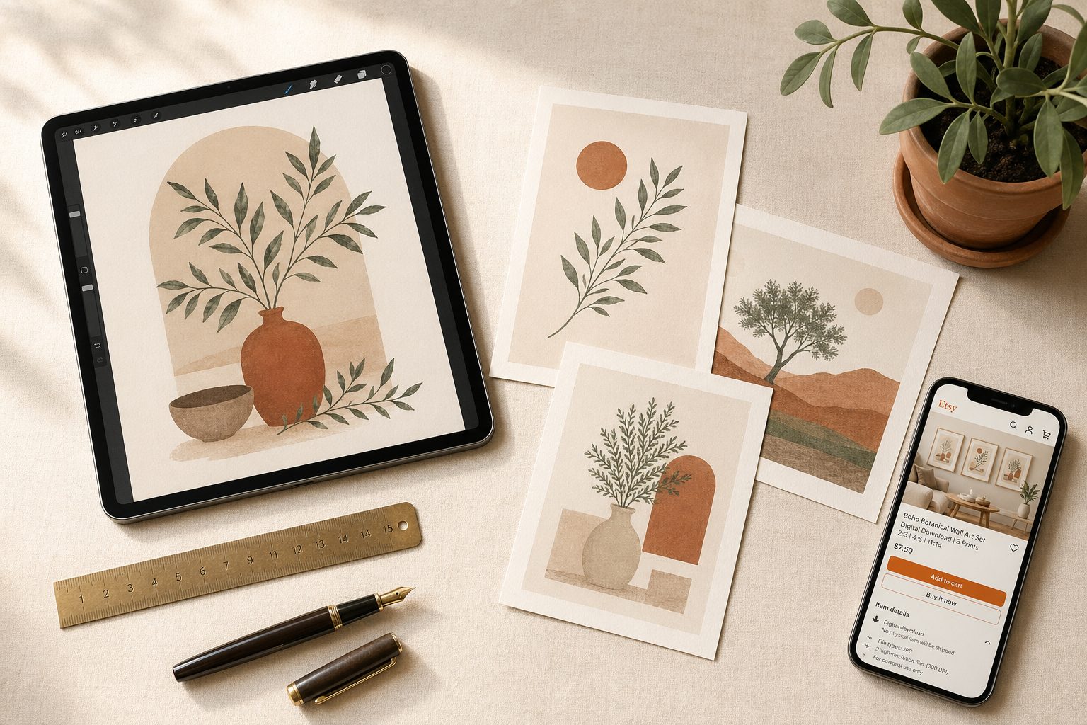 Warm-editorial flat-lay: iPad showing a botanical wall-art design, three printed wall-art prints in different aspect ratios, and a smartphone showing the finished Etsy listing — alongside a terracotta plant, brass ruler, and fountain pen