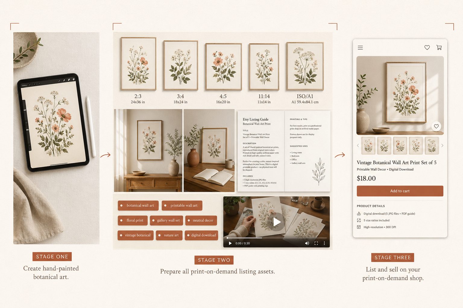 Three-stage editorial diagram: a botanical wall-art design on an iPad on the left, the production-layer outputs (five framed prints in different ratios, mockups, an Etsy listing PDF, a video frame) in the middle, and a finished Etsy-style listing page on the right — connected by terracotta arrows showing the flow from design to live listing.