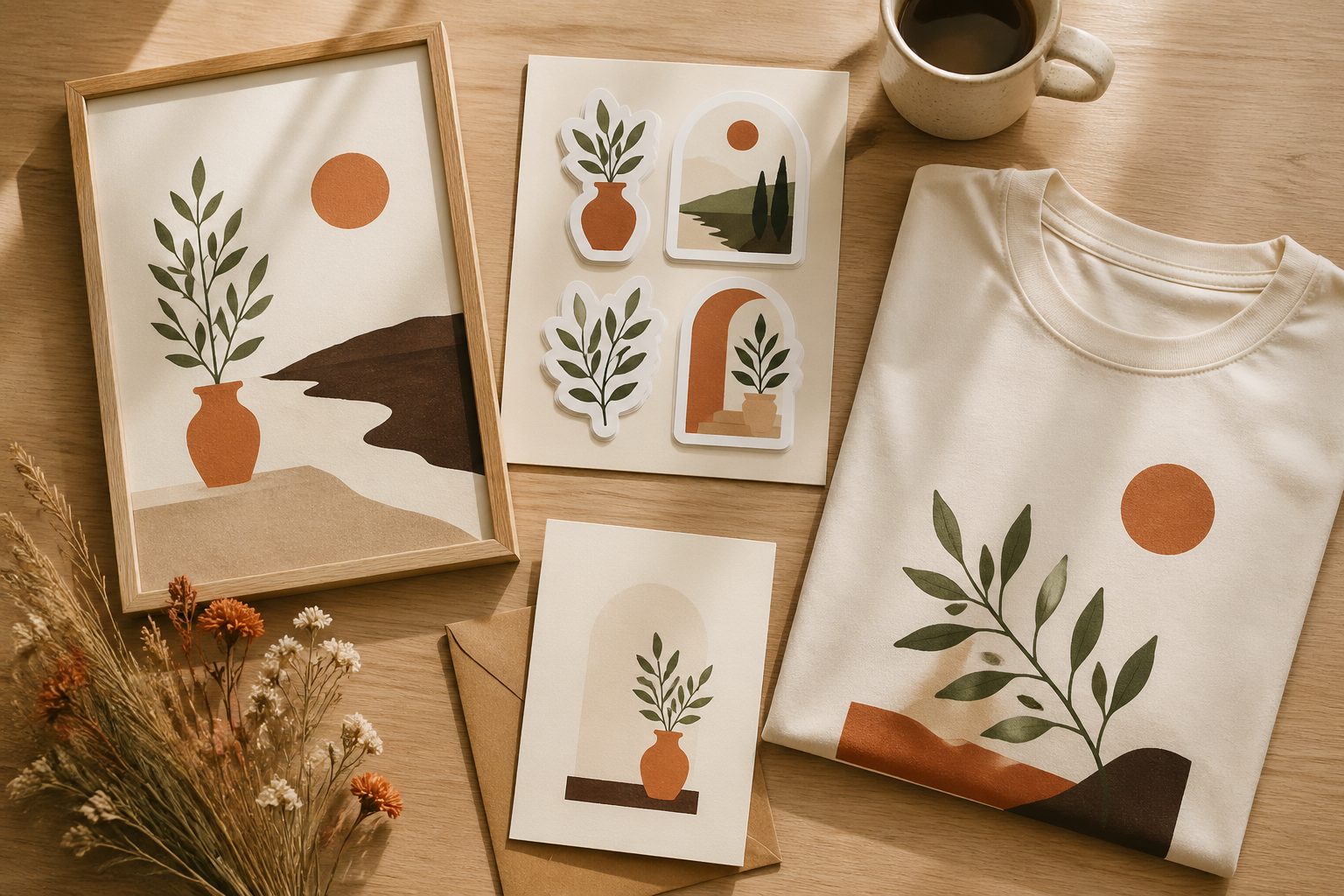 Overhead flat-lay of a print-on-demand seller workspace showing wall art, stickers, greeting cards, and a T-shirt — the four core POD product types