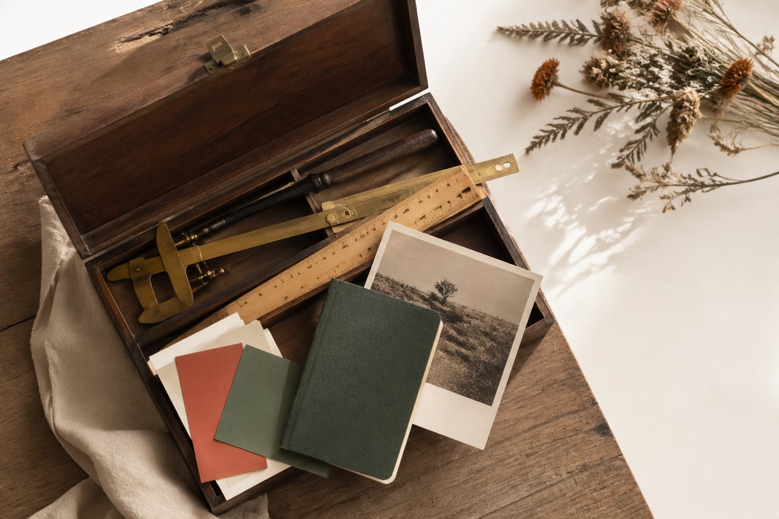 Vintage wooden toolbox open on a wooden desk with brass calipers, wooden ruler, color swatches, and a notebook spilling out — the open-toolbox metaphor
