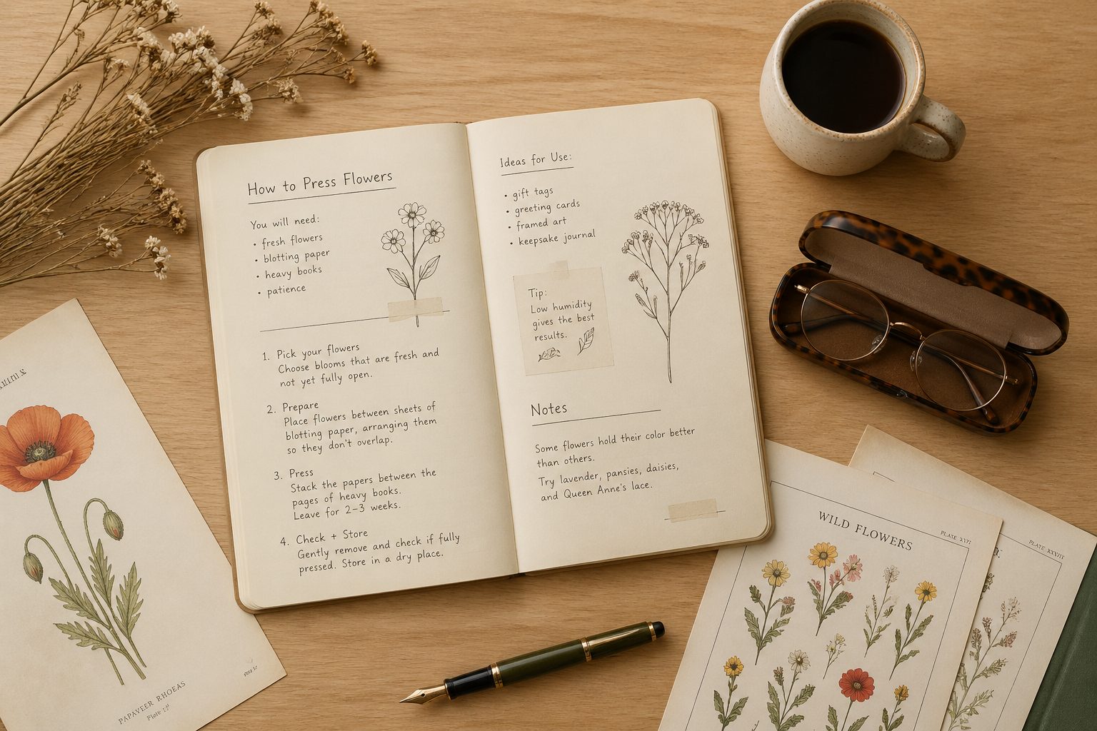 Open beige notebook with handwritten how-to notes, reading glasses, a fountain pen, and a coffee mug on a warm wooden desk