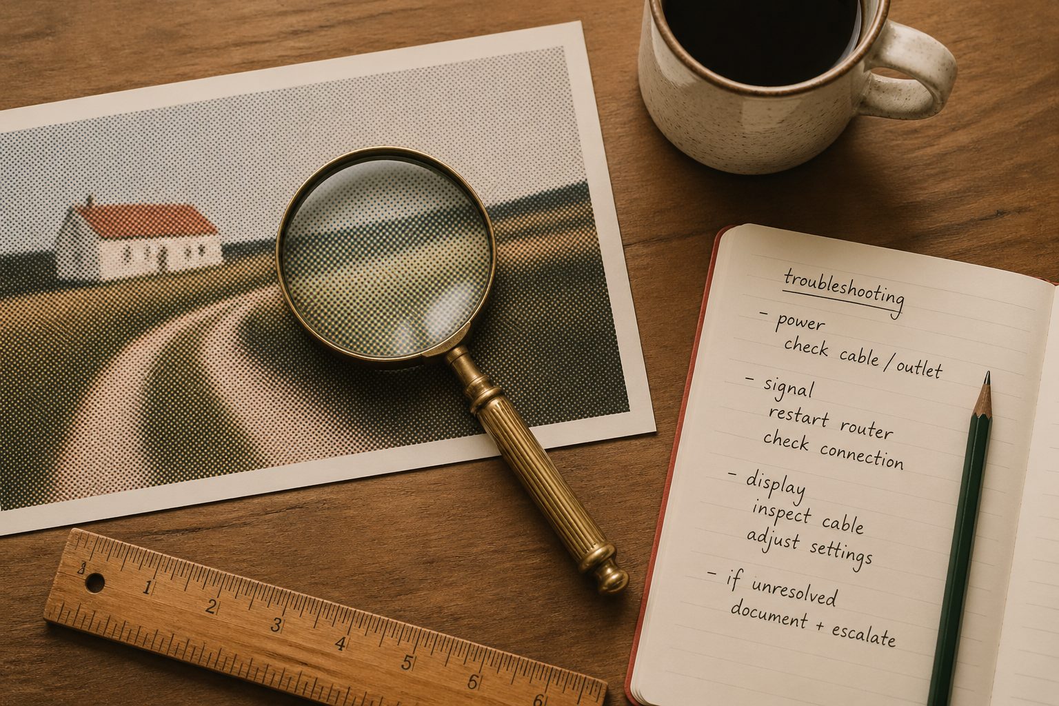 Vintage brass magnifying glass resting on a printed photograph with visible halftone dots, alongside troubleshooting notes and a ruler