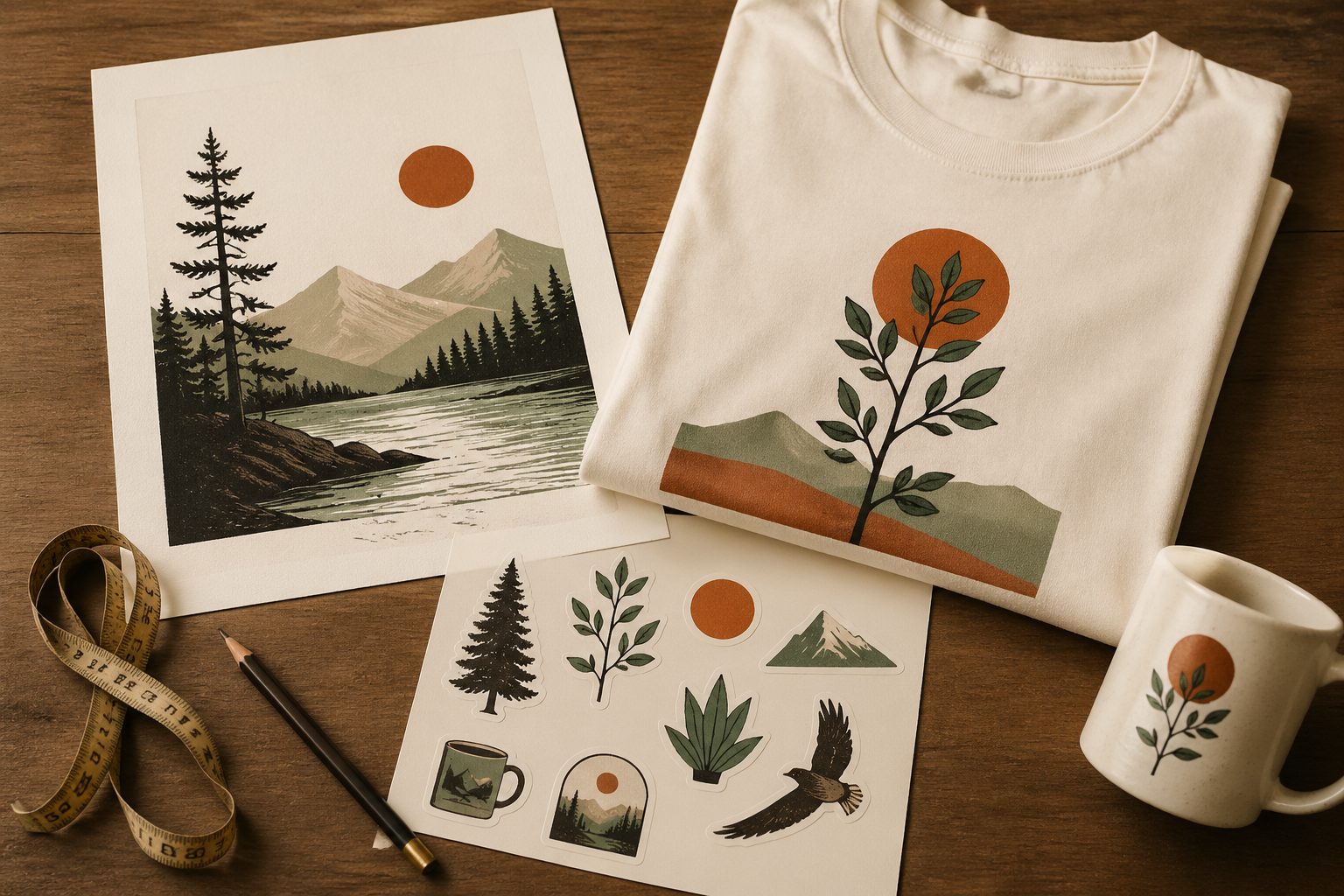 Overhead flat-lay of multiple printed deliverables — wall art, T-shirt, sticker sheet, mug — fanned out across a warm wooden desk