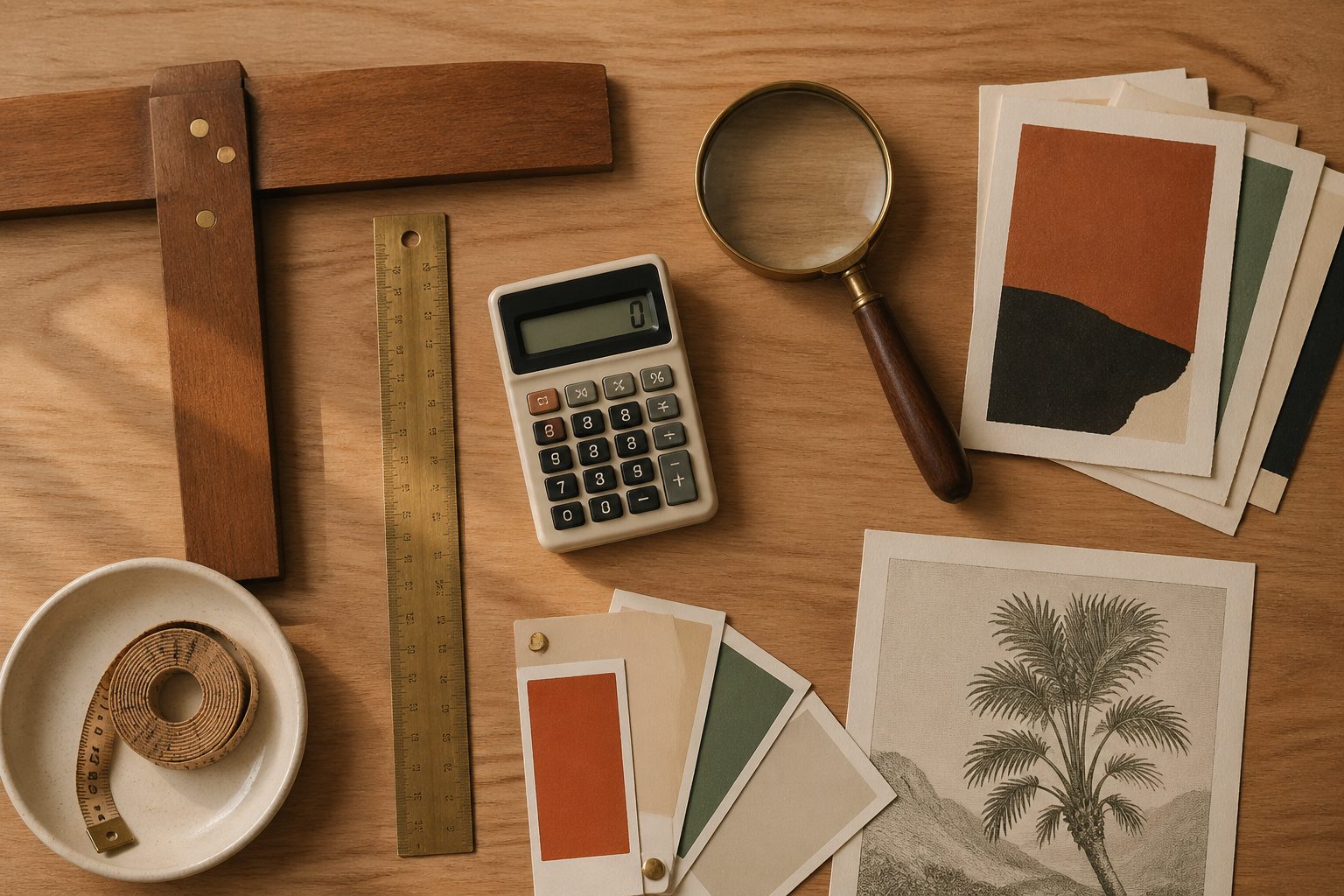 Print-studio toolkit on a wooden desk: brass ruler, wooden T-square, calculator, magnifying glass, measuring tape, color swatches