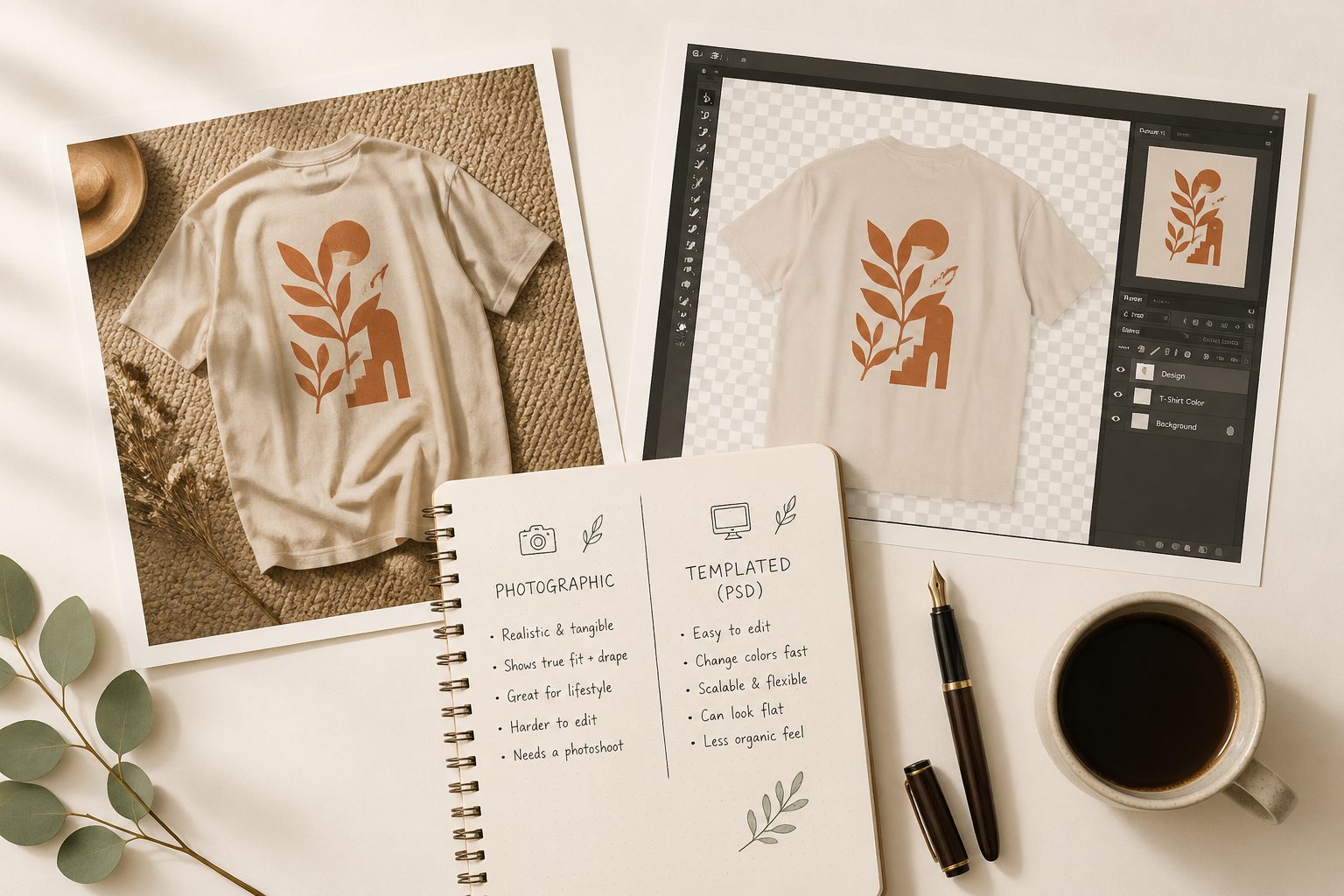 Honest comparison: Placeit has more mockup templates than any other service; Ratio Ready bundles mockups with the rest of the print-prep workflow. Different tools, different sellers, sometimes both.