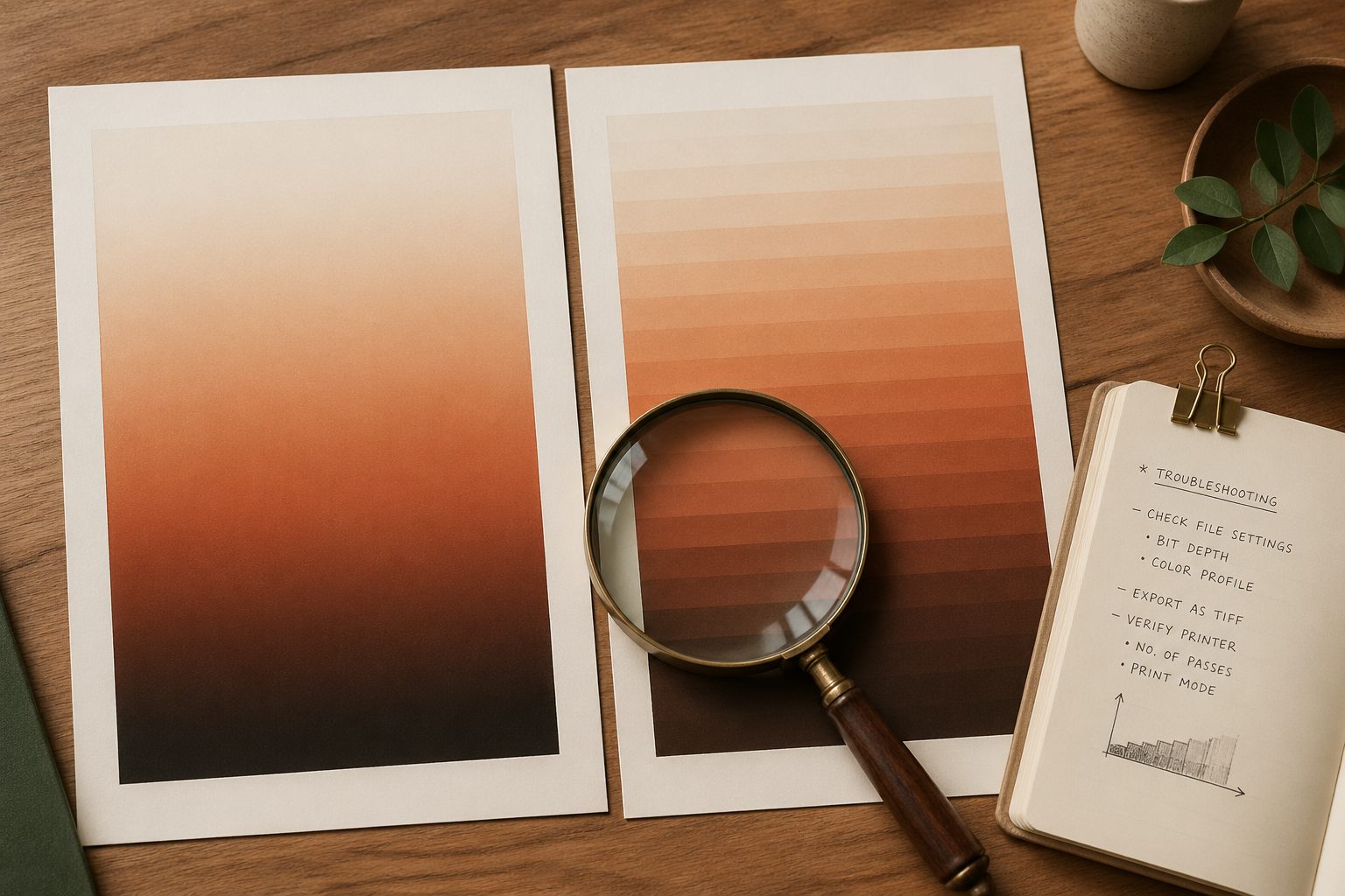 Five reasons posters print with visible color banding (stripes in gradients): 8-bit color depth, JPG compression, low-quality printer, wrong paper, or driver settings. Each has a specific fix.