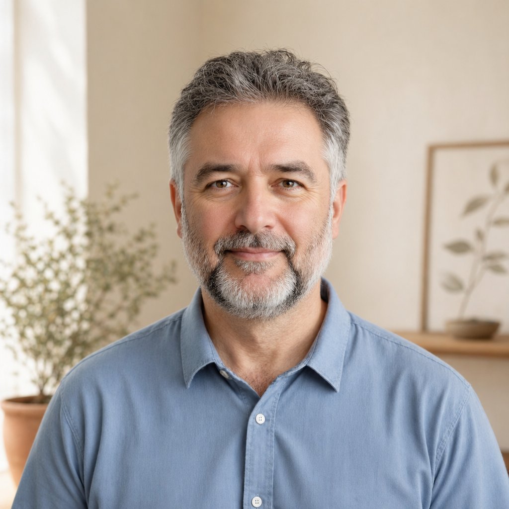 Portrait of Mac, founder of Ratio Ready and Etsy seller since 2020, wearing a chambray shirt against a warm ivory background